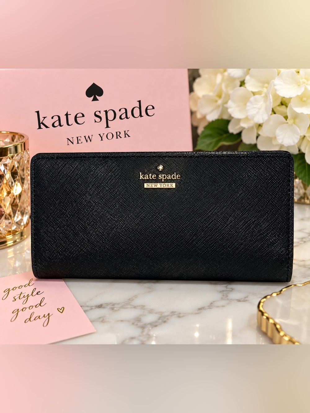 Kate Spade Staci Large Slim Bifold Wallet Black Saffiano Leather